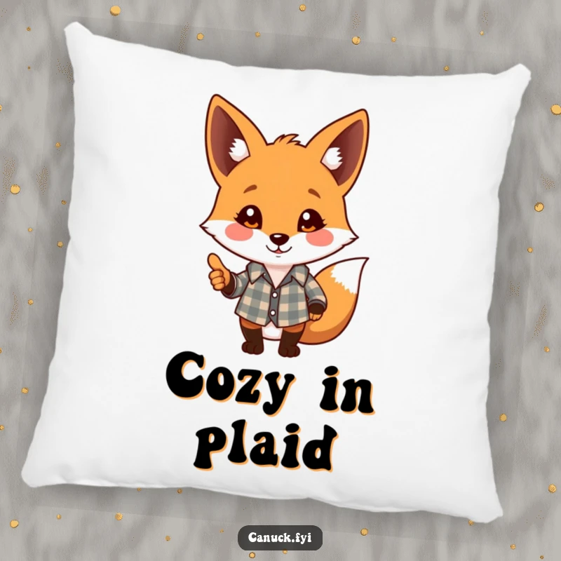 Funny pillow with a playful fox wearing a plaid shirt and giving a friendly nod, cozy home decor funny gift.