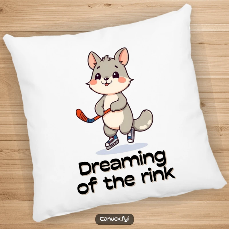 Funny pillow depicting a playful animal character dancing with a miniature hockey stick. Adds a cozy, sporty vibe to any room.