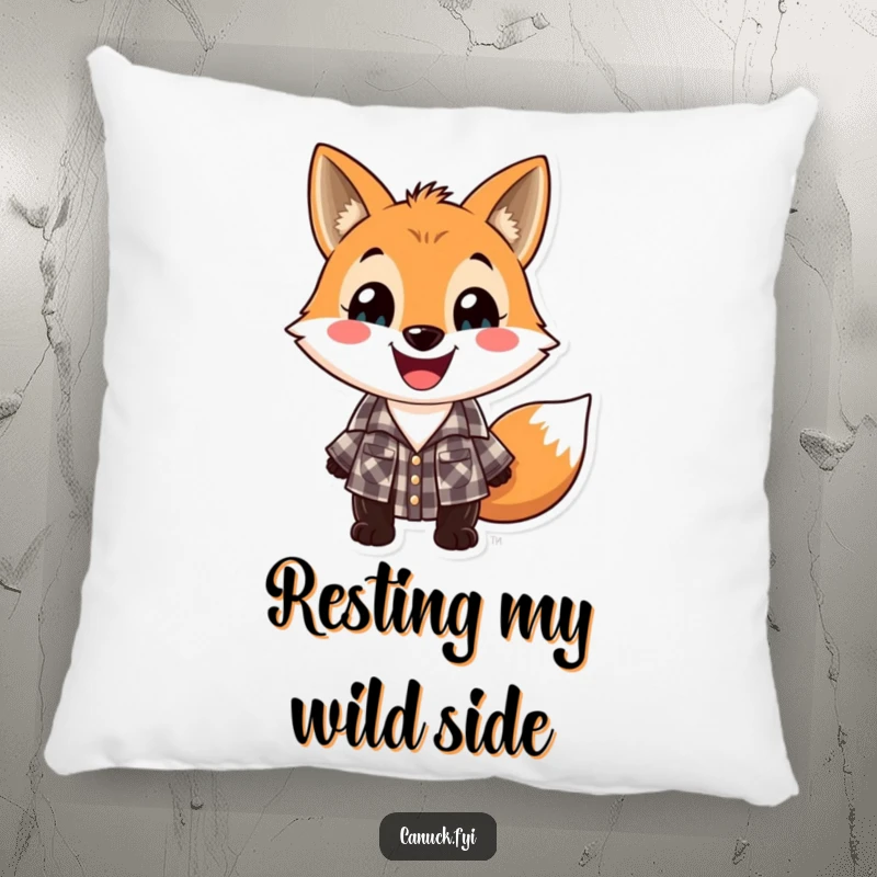 Funny lumberjack fox pillow, playful fox in checkered lumberjack shirt with a wide grin, soft accent decor.