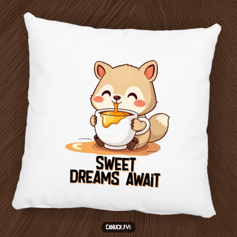 Funny stylized animal pillow offering a cup of steaming maple syrup, perfect for adding cozy, sweet humor to any space.