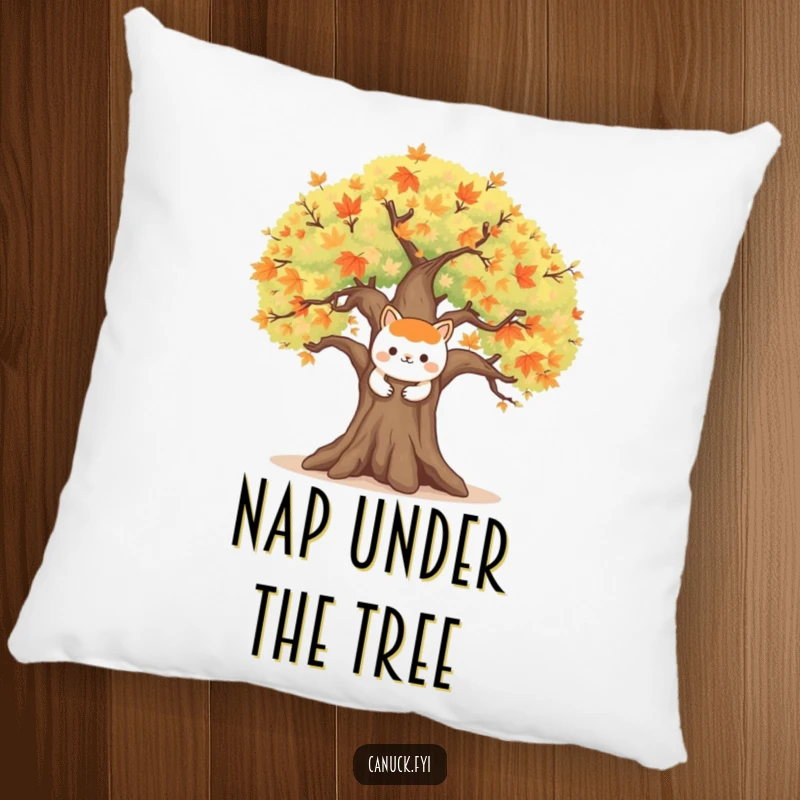 Funny decorative pillow showcasing a happy animal character embracing a large, symbolic maple tree, perfect for bringing nature indoors.