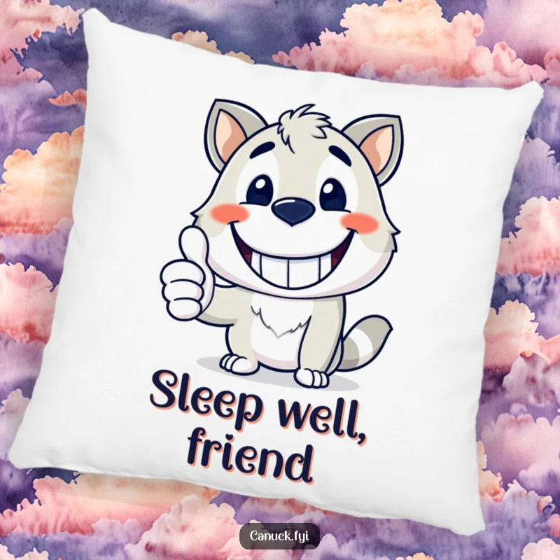 Funny pillow with a happy animal mascot giving a wide grin and a thumbs up, cozy cheer funny gift.