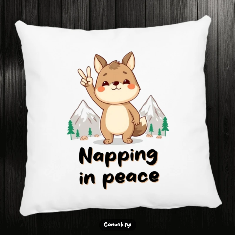 Funny animal pillow, peace sign gesture, stylized mountains, soft decorative cushion, ideal for creating a peaceful ambiance, a cozy gift.