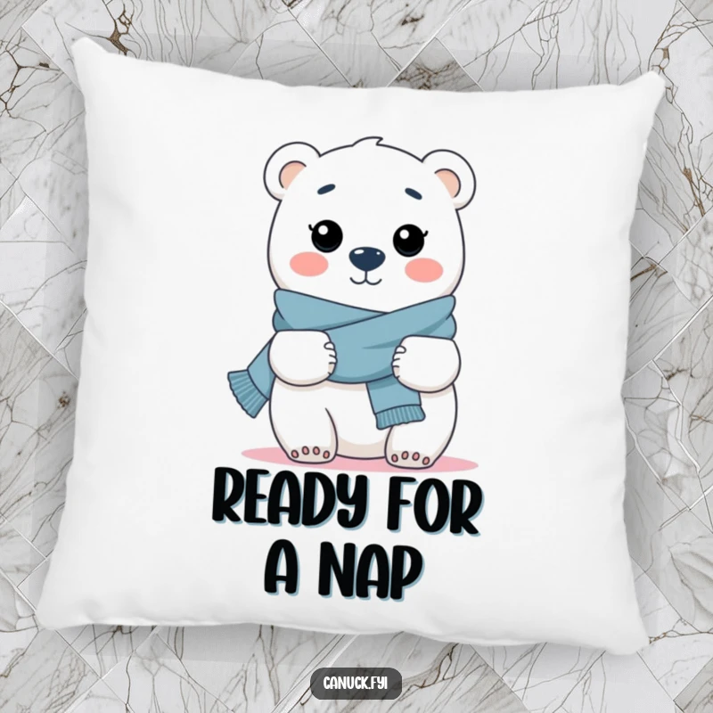 Funny pillow featuring a cheerful polar bear in a scarf, arms outstretched for a soft, warm hug.