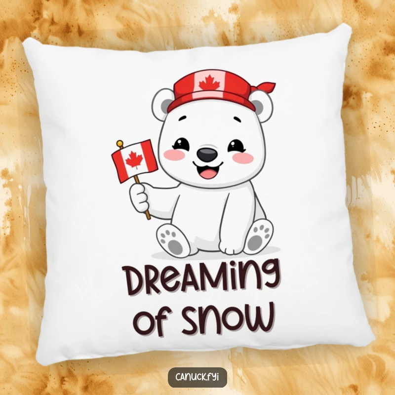 Funny Polar Bear Pillow showcasing a smiling polar bear proudly holding a miniature Canadian flag, perfect for adding cozy patriotic flair.