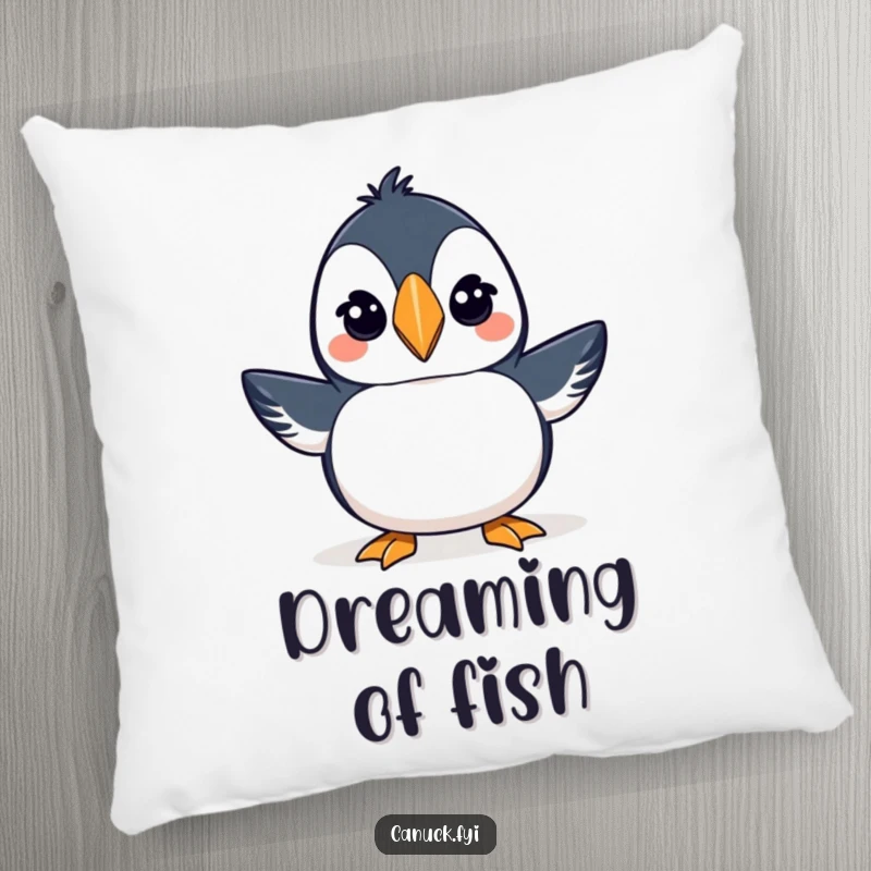 Funny pillow featuring a proud puffin in a small toque, offering a charming and playful wink.