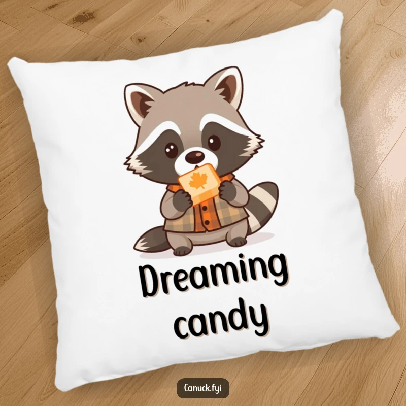 Funny cute raccoon lumberjack pillow, small shirt, offering maple candy, soft cushion, woodland home accent.