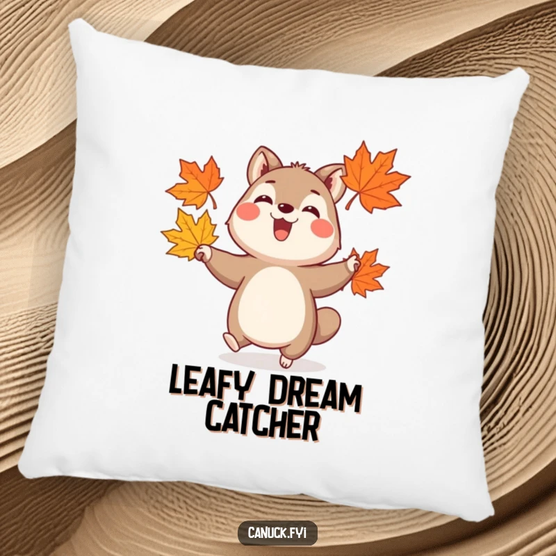 Funny pillow depicting a cheerful animal with a joyful expression, juggling three stylized maple leaves, adding autumnal comfort.