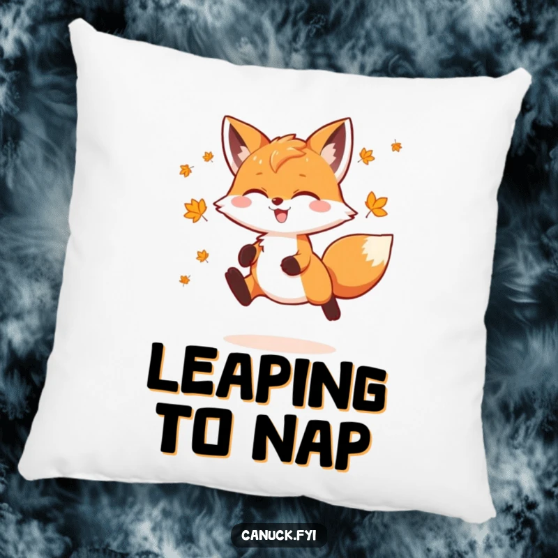 Funny Fox Pillow showcasing a playful fox doing a joyful leap, decorated with tiny maple leaves, perfect for adding cozy charm and personality.