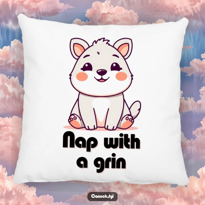 Cute animal with a friendly, welcoming grin, designed as a soft and humorous pillow.