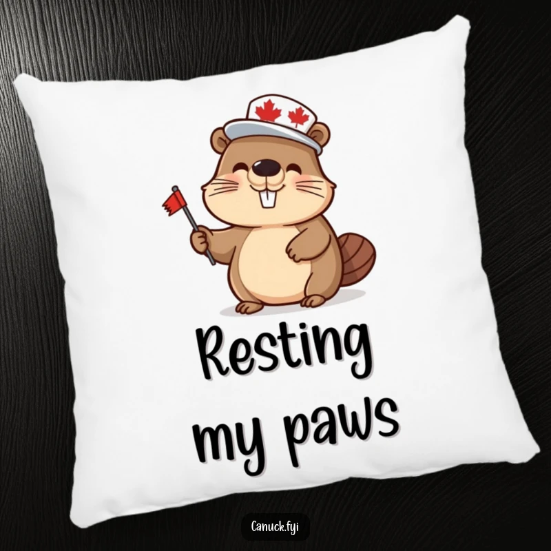 Funny beaver pillow, wearing a maple leaf hat and waving a flag, offering soft comfort and humorous Canadian decor.