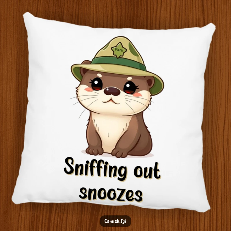 Funny curious otter pillow, cute otter wearing a tiny park ranger hat, looking inquisitive, soft accent decor.