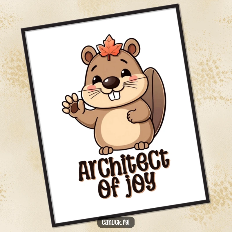 Funny beaver digital art print of a happy beaver character wearing a tiny maple leaf hat, waving enthusiastically.