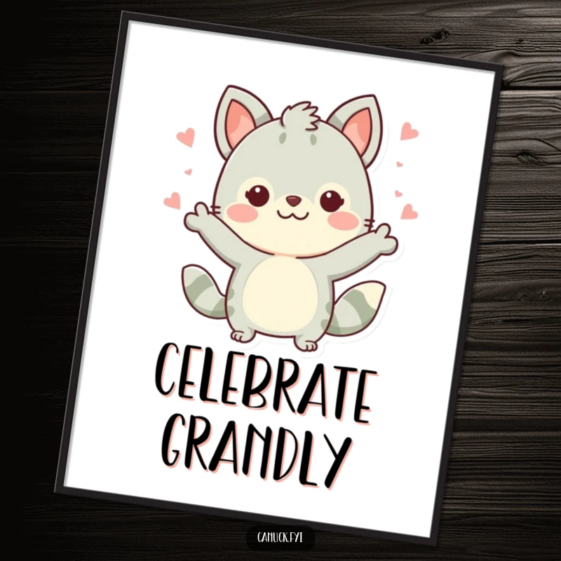 Funny Cute Dog Digital Art Print: A cute dog character making a celebratory gesture, ideal for instant festive decor, a funny gift.