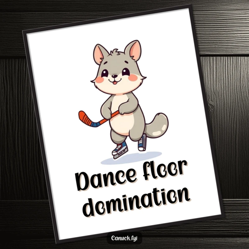 Funny digital art of a playful animal character dancing with a miniature hockey stick. Instant download for sporty decor.