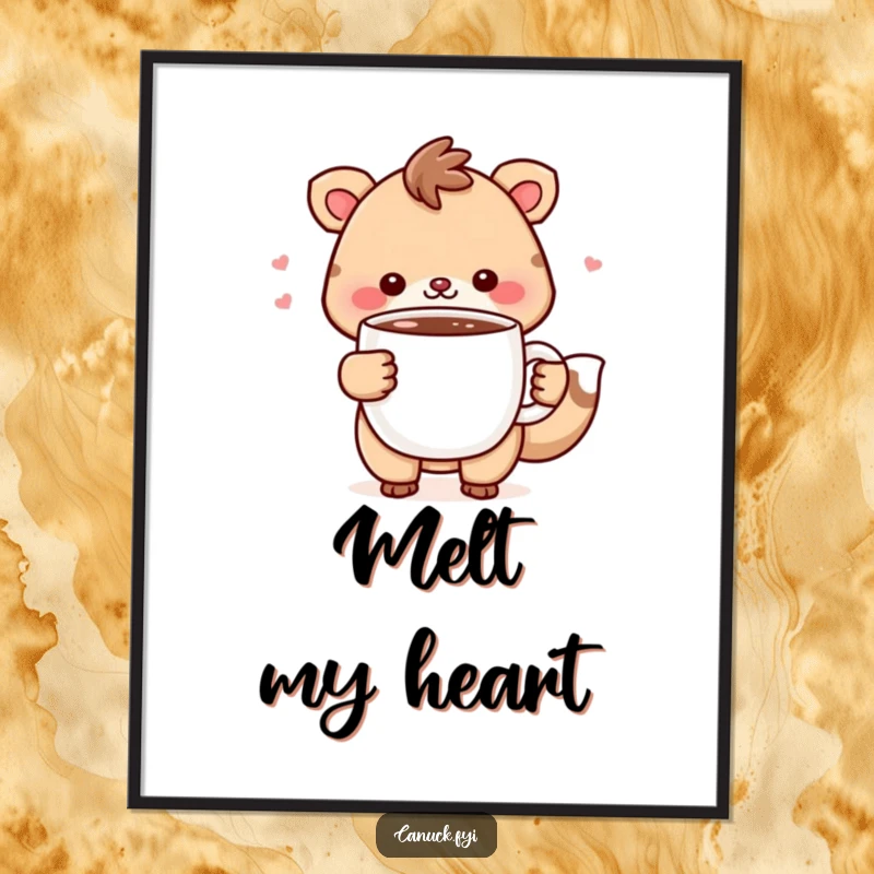 Funny Digital Art Print: Cheerful animal holds a steaming mug of hot chocolate, bringing instant cozy vibes to decor.