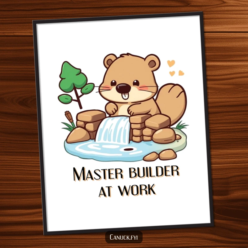 Funny Digital Art Print of a stylized beaver character building a miniature dam, perfect for humorous wall decor.