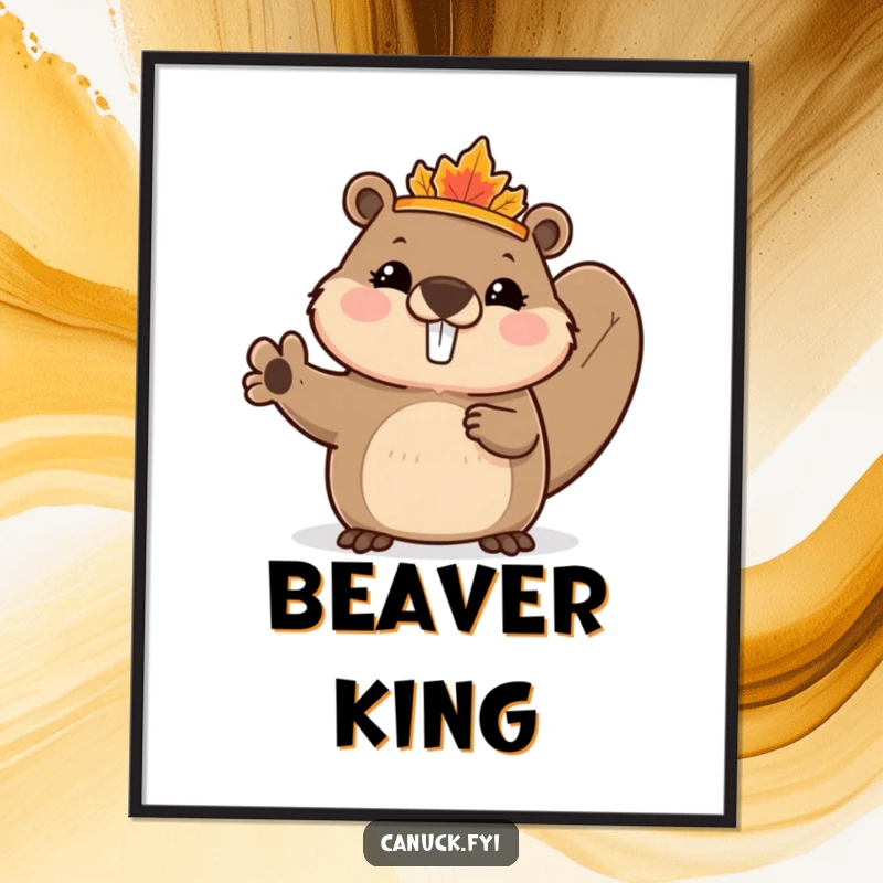 Funny Beaver Digital Art Print of a cute beaver wearing a tiny maple leaf crown, enthusiastically waving, perfect for whimsical and cheerful decor.