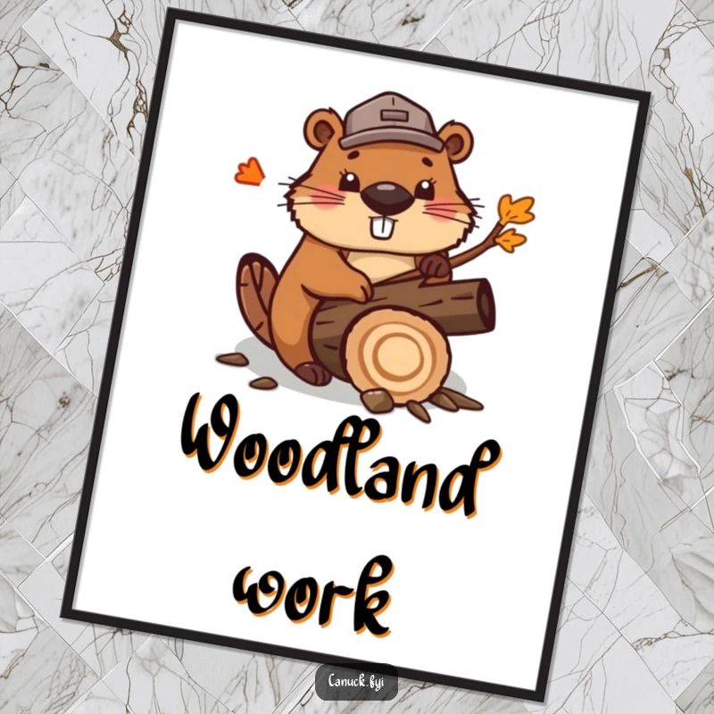 Funny cute beaver digital art print, wearing a lumberjack hat, enthusiastically chopping a stylized maple log. Humorous and rustic wall art.