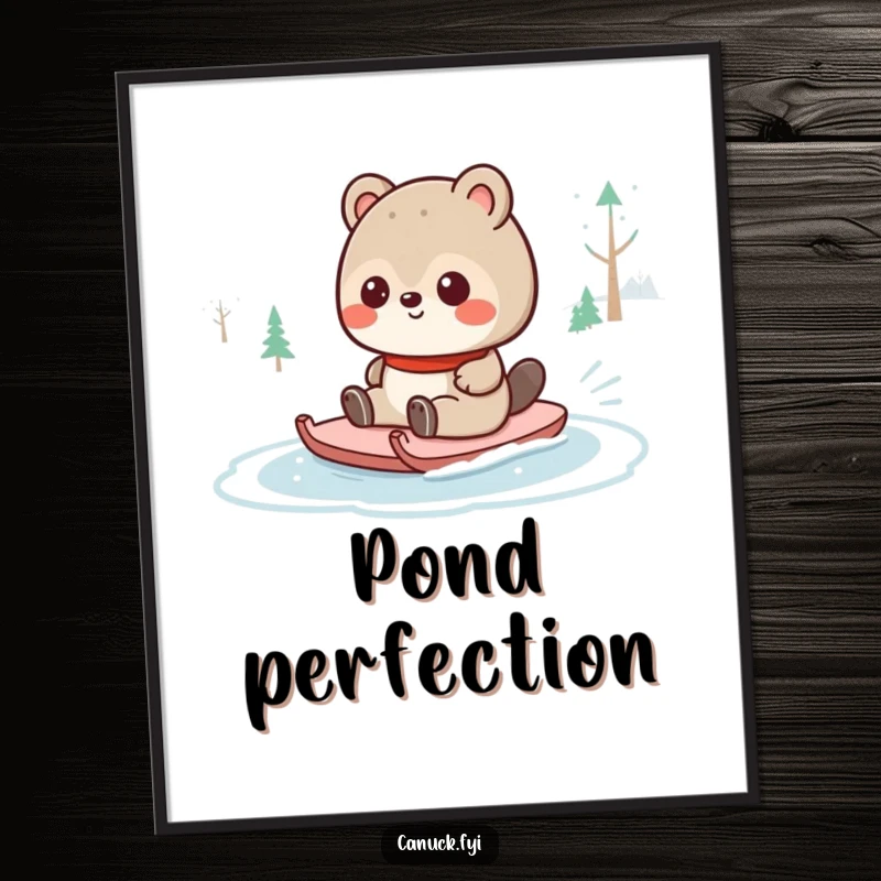 Funny Canadian animal character joyfully sliding on a frozen pond, available as high-quality digital art, delivering winter fun and playful energy.