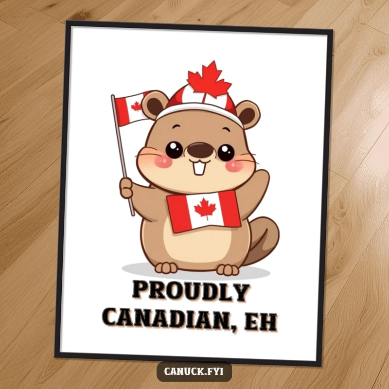 Funny cute beaver digital art print, maple leaf hat, waving Canadian flag, adorable patriotic artwork, perfect for home decor, a fun gift.