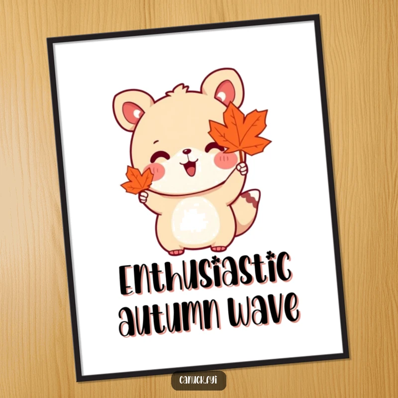 Funny digital art print of a cute animal character holding a maple leaf and waving enthusiastically, perfect for seasonal charm.