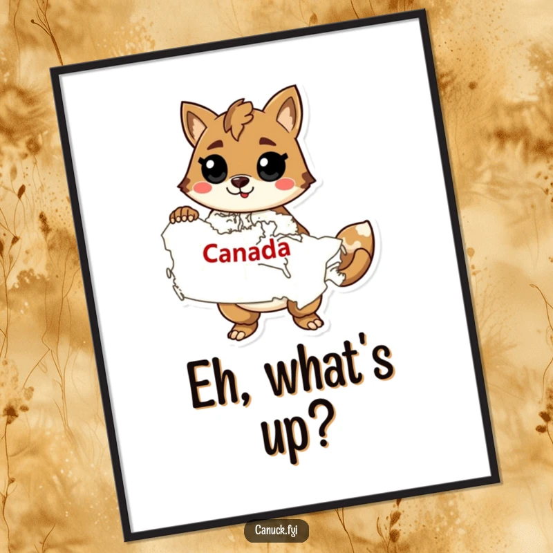 Funny digital art print of a stylized animal confidently posing with a map of Canada, perfect for decor.