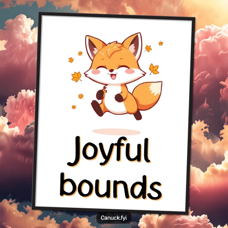 Funny Fox Digital Art Print of a playful fox doing a joyful leap, decorated with tiny maple leaves, perfect for whimsical and cheerful decor.