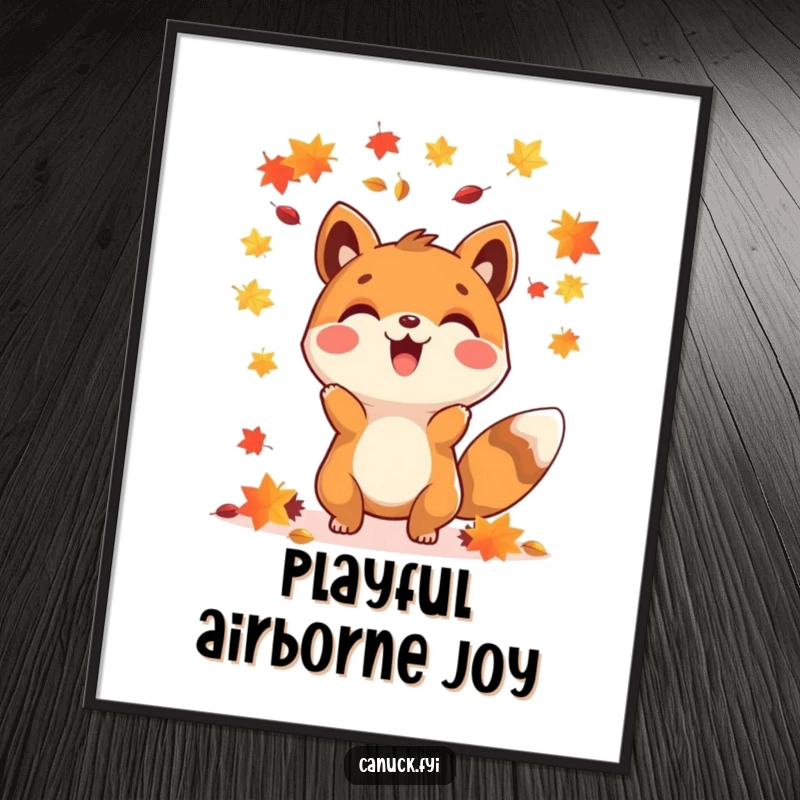 Funny happy animal maple seed digital art print, capturing autumn's joy and vibrant colors.