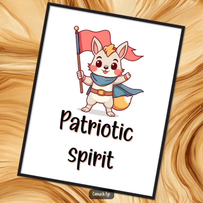 Funny digital art print of a proud animal character in a heroic pose holding a flag, instant download funny gift.