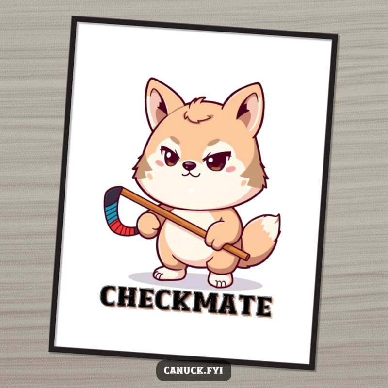 Funny digital art print of a determined animal pal with a tiny hockey stick, instant download, funny gift.