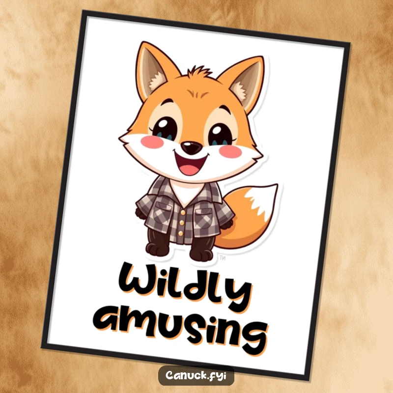 Funny lumberjack fox digital art print, playful fox in checkered lumberjack shirt with a wide grin, printable.