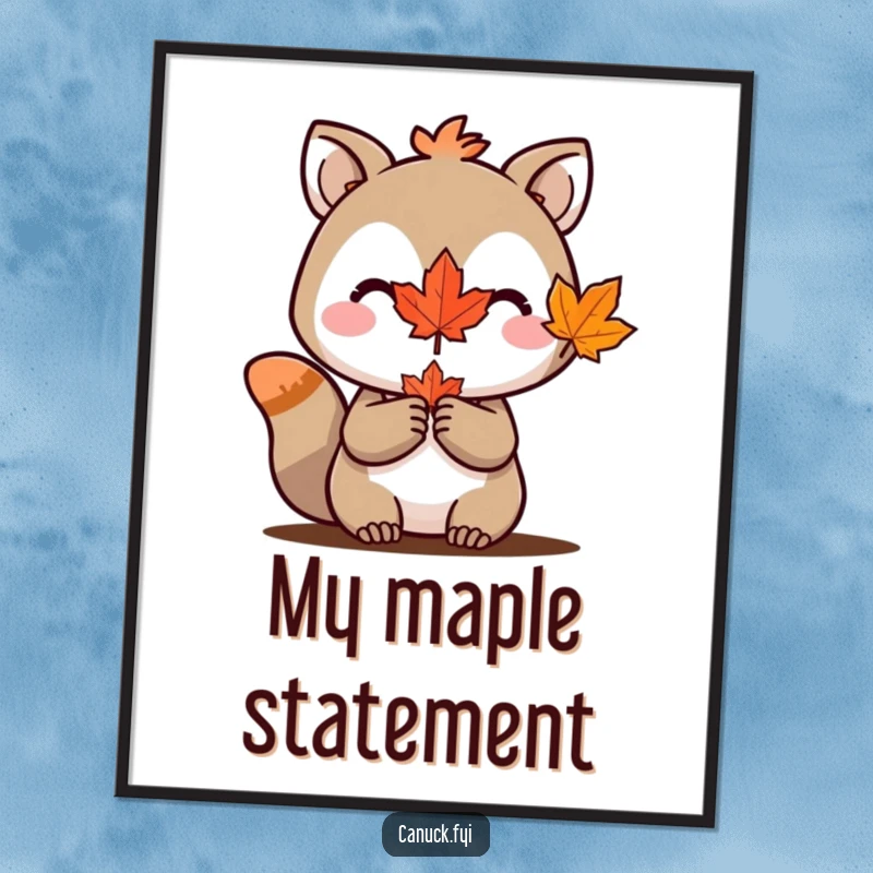Funny digital art: an animal character proudly holds a miniature maple leaf, perfect for instant download and display.