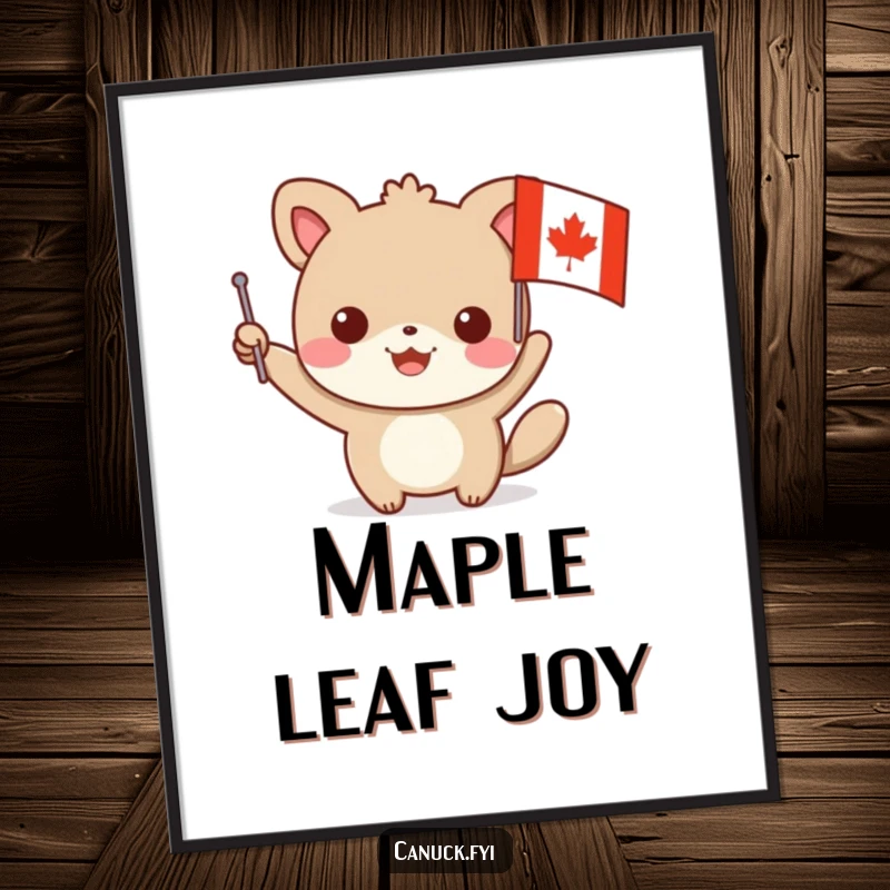 Funny animal digital art print with a character waving a small flag featuring a maple leaf design, perfect for instant download and humorous, patriotic decor.