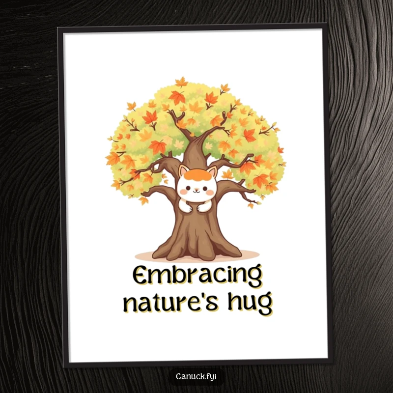 Funny digital art: a happy animal character embraces a large, symbolic maple tree, perfect for instant download.