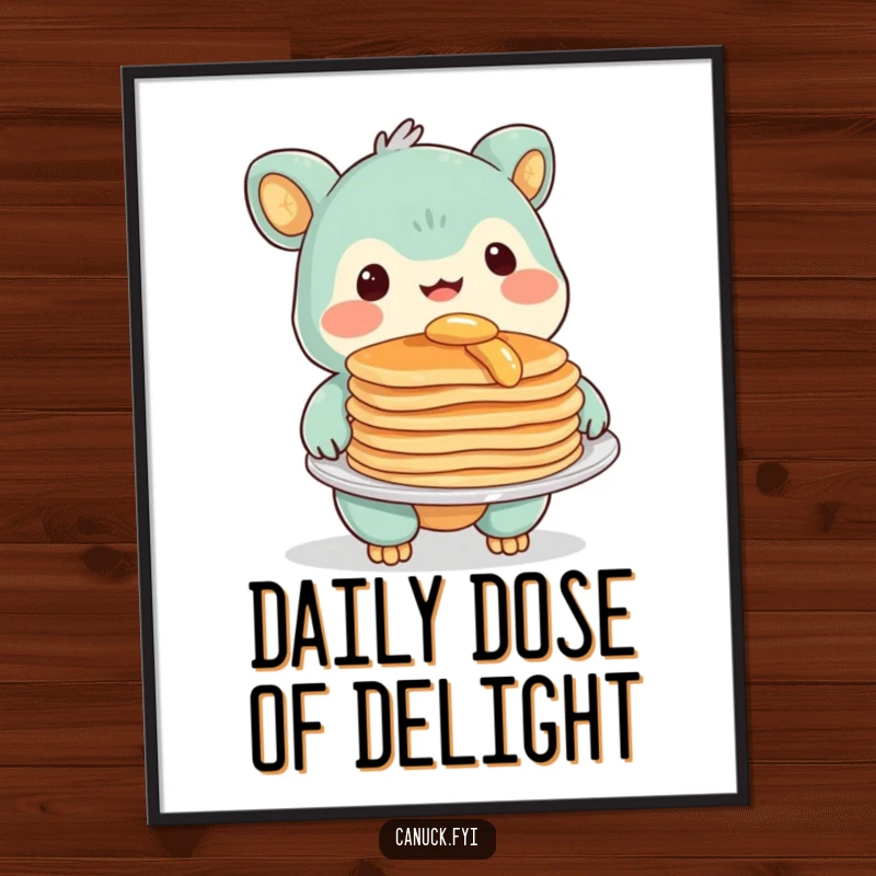 Funny Digital Art Print of a creature with a warm smile, offering a delicious plate of pancakes, perfect for cheerful wall decor.