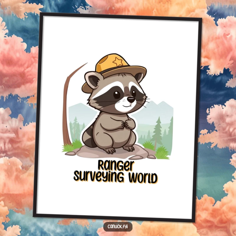 Funny park ranger raccoon digital art print, small, round, wearing a hat, surveying a scenic view, whimsical decor.
