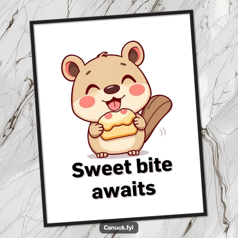 Funny digital art print of a grinning animal character politely presenting a beaver tail pastry, adding a sweet touch.