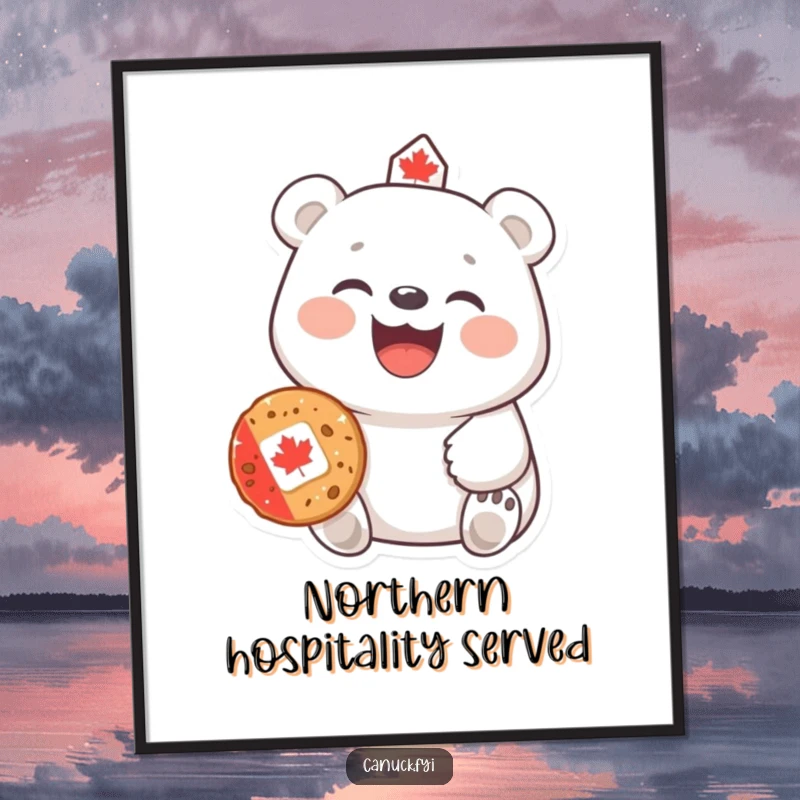 Funny Polar Bear Digital Art: A cheerful polar bear with a hearty laugh offers a Canadian cookie, capturing a moment of sweet hospitality.