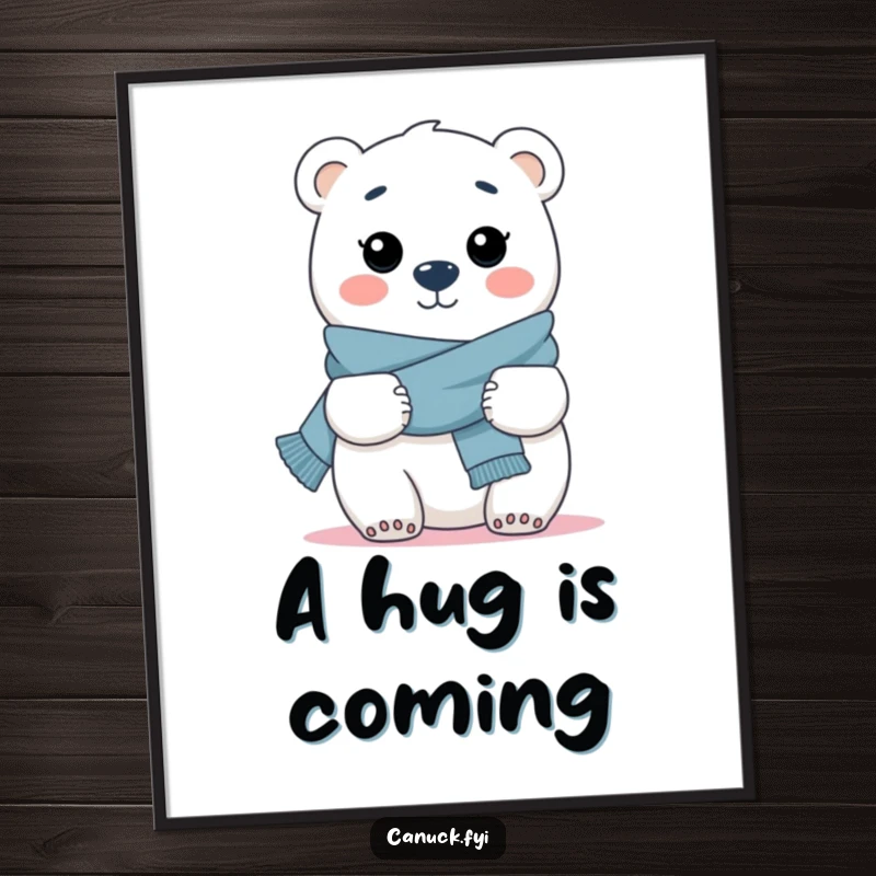 Funny digital art of a polar bear wearing a scarf, extending its arms for a welcoming, warm hug.