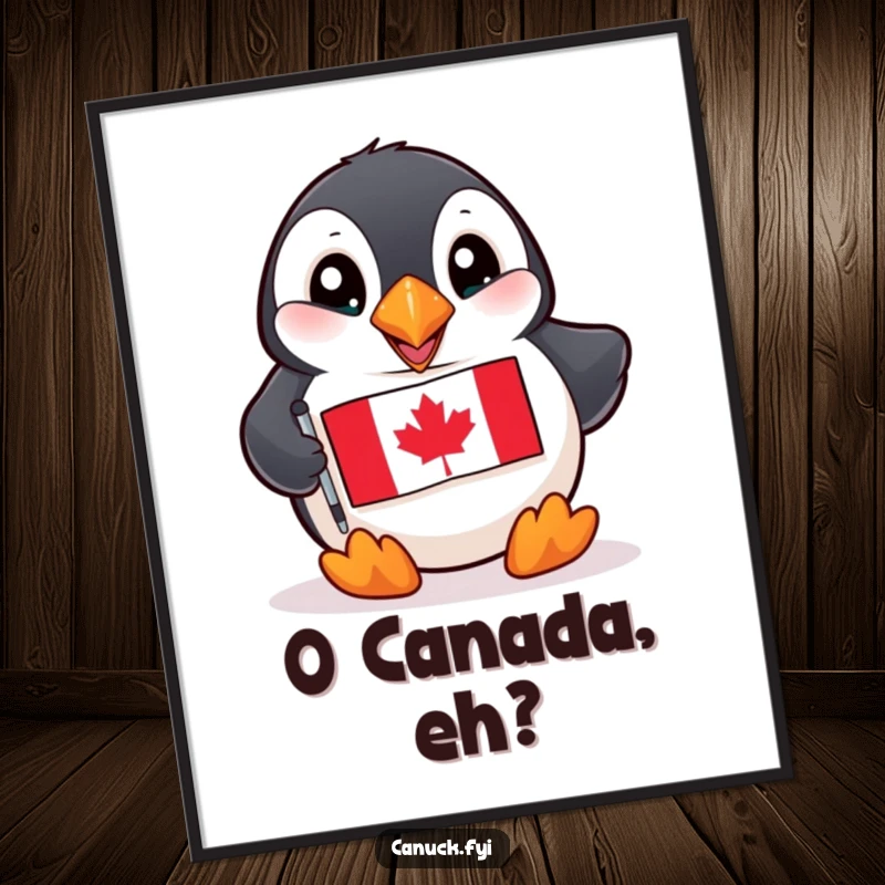 Funny Puffin Digital Art: A playful puffin with bright eyes holds a miniature Canadian flag, ready for printing.
