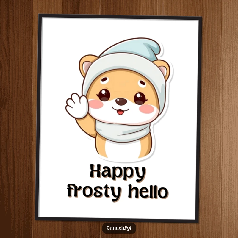 Funny Digital Art Print of an animal wearing a cozy winter hat, extending a friendly and happy wave, perfect for decor.