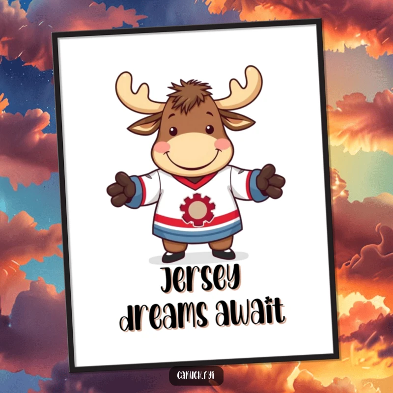 Funny digital art depicting a moose with a grin, comically attempting to fit into a hockey jersey.