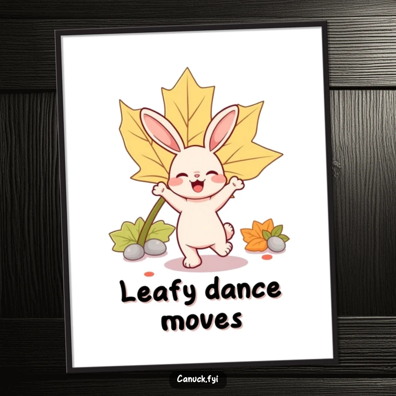 Funny rabbit digital art print of a bouncy rabbit character joyfully dancing near a large, iconic maple leaf.