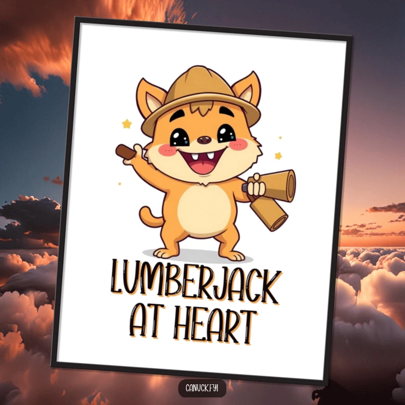 Funny digital art: a creature with an enthusiastic grin performs a cheerful lumberjack chop, perfect for instant download.