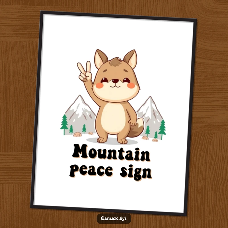 Funny animal digital art print, peace sign gesture, stylized mountains, serene artwork, perfect for home decor, an inspiring gift.