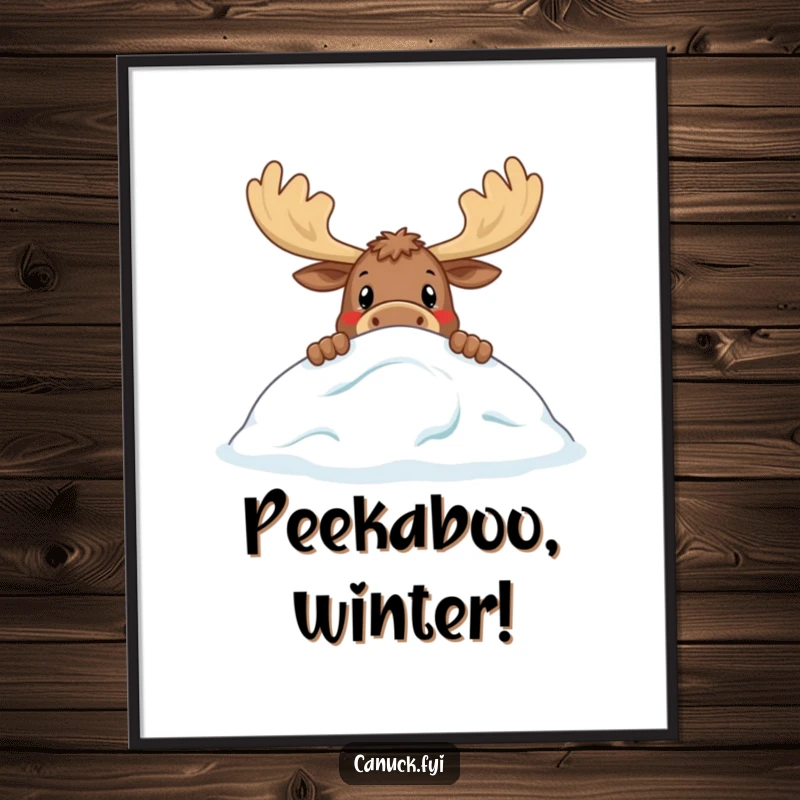 Funny digital art print of a curious moose peeking over a stylized snowdrift, offering instant humorous wildlife wall decor.