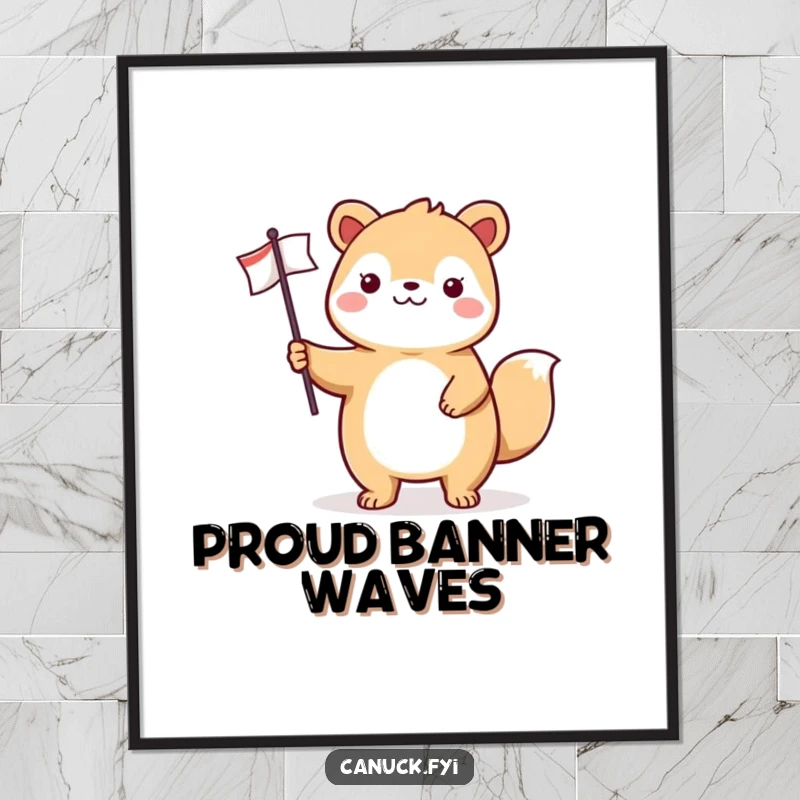 Funny animal digital art print of a cheerful creature proudly standing with a small flag, ready to be printed and displayed.