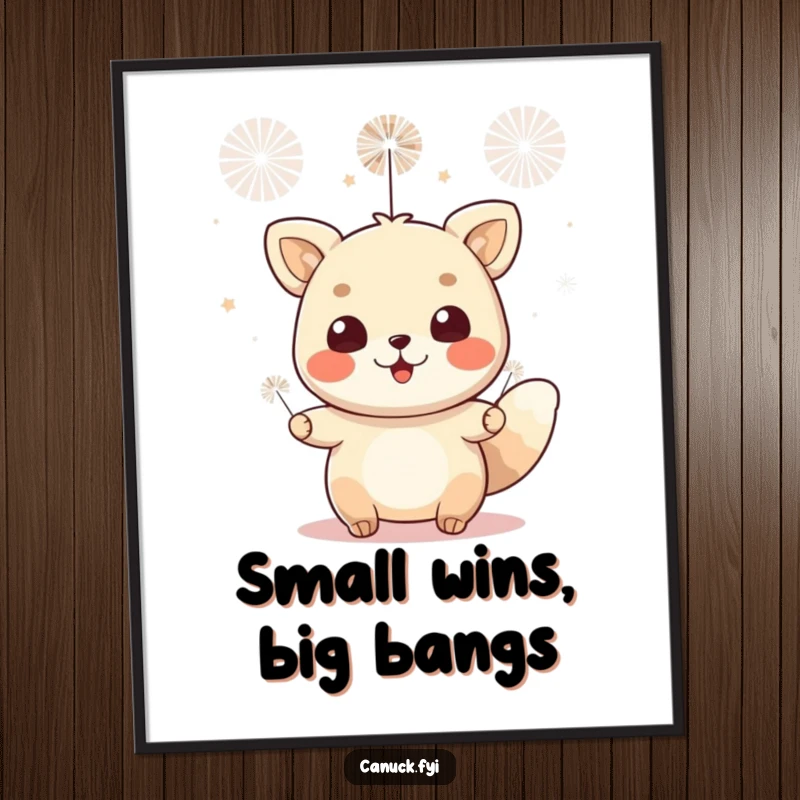 Funny digital art of a cheerful animal character celebrating joyfully with small fireworks. Instant download for festive decor.