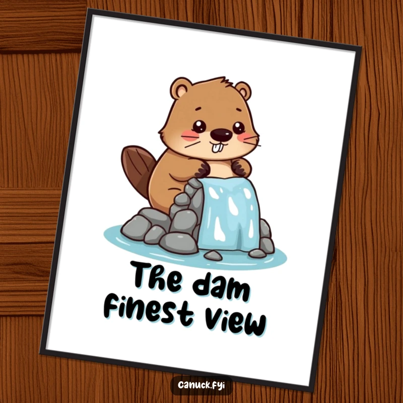 Funny digital art print of a cute, stylized beaver character actively constructing a miniature dam, conveying playful engineering spirit.